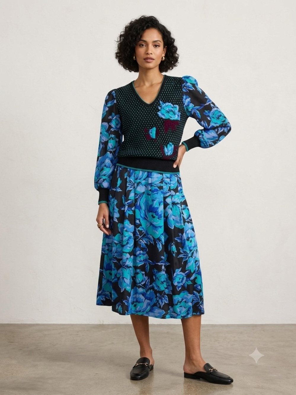 Vintage Blue Floral Midi Skirt - Women's Elegant Floral Print
